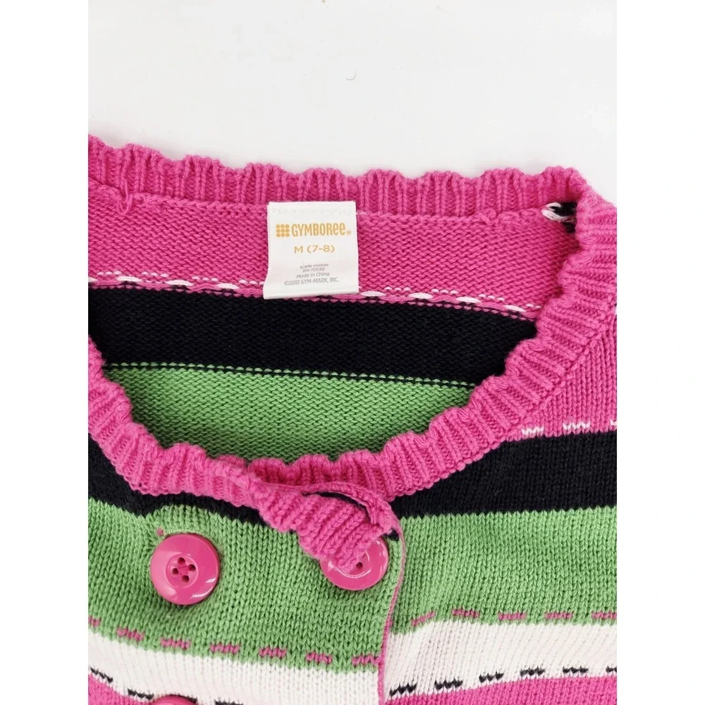 Gymboree Garden Friends Striped Cardigan Sweater Size M 7-8 Pink Green Buttons